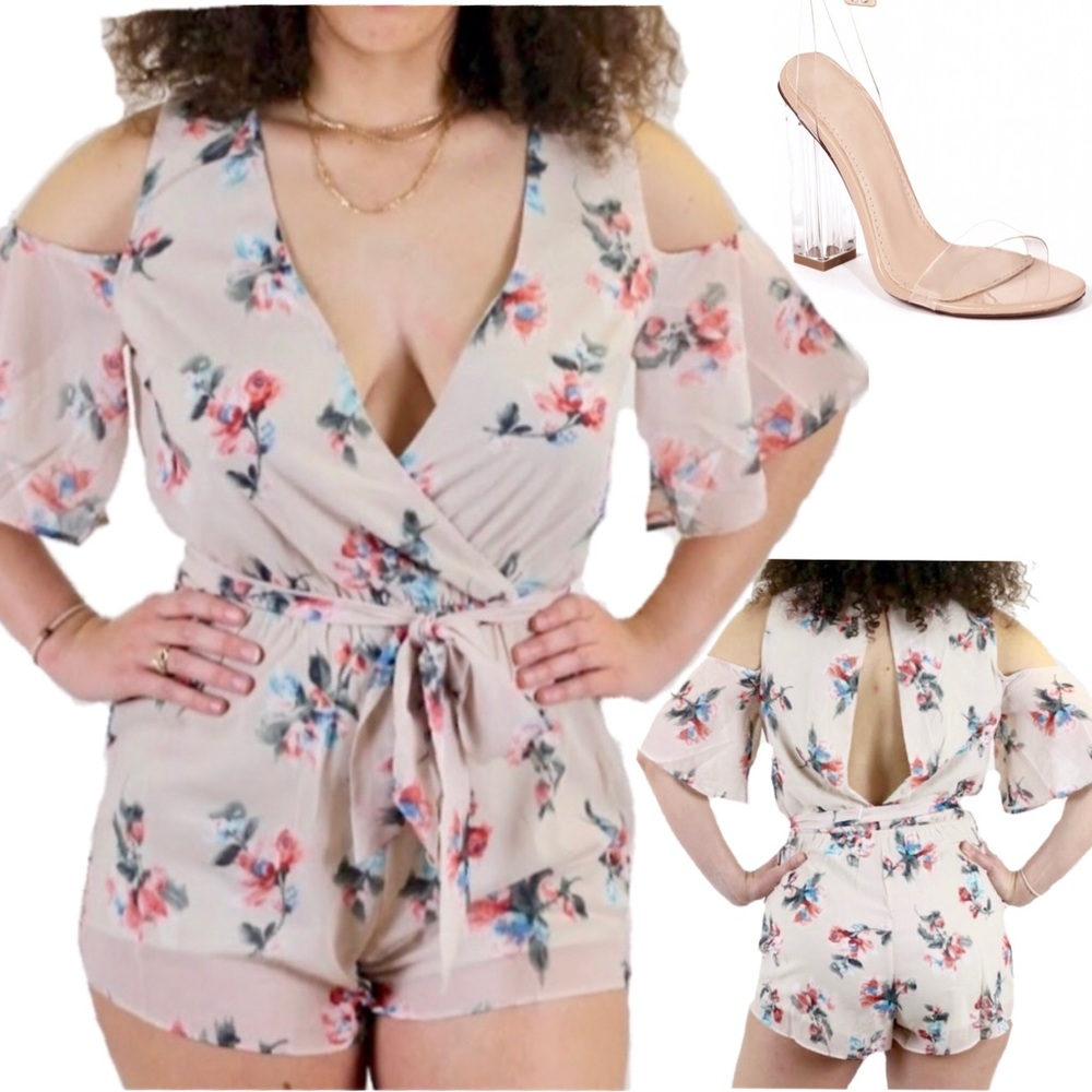 Taupe Light Blue Cold Shoulder Romper Boho Chic